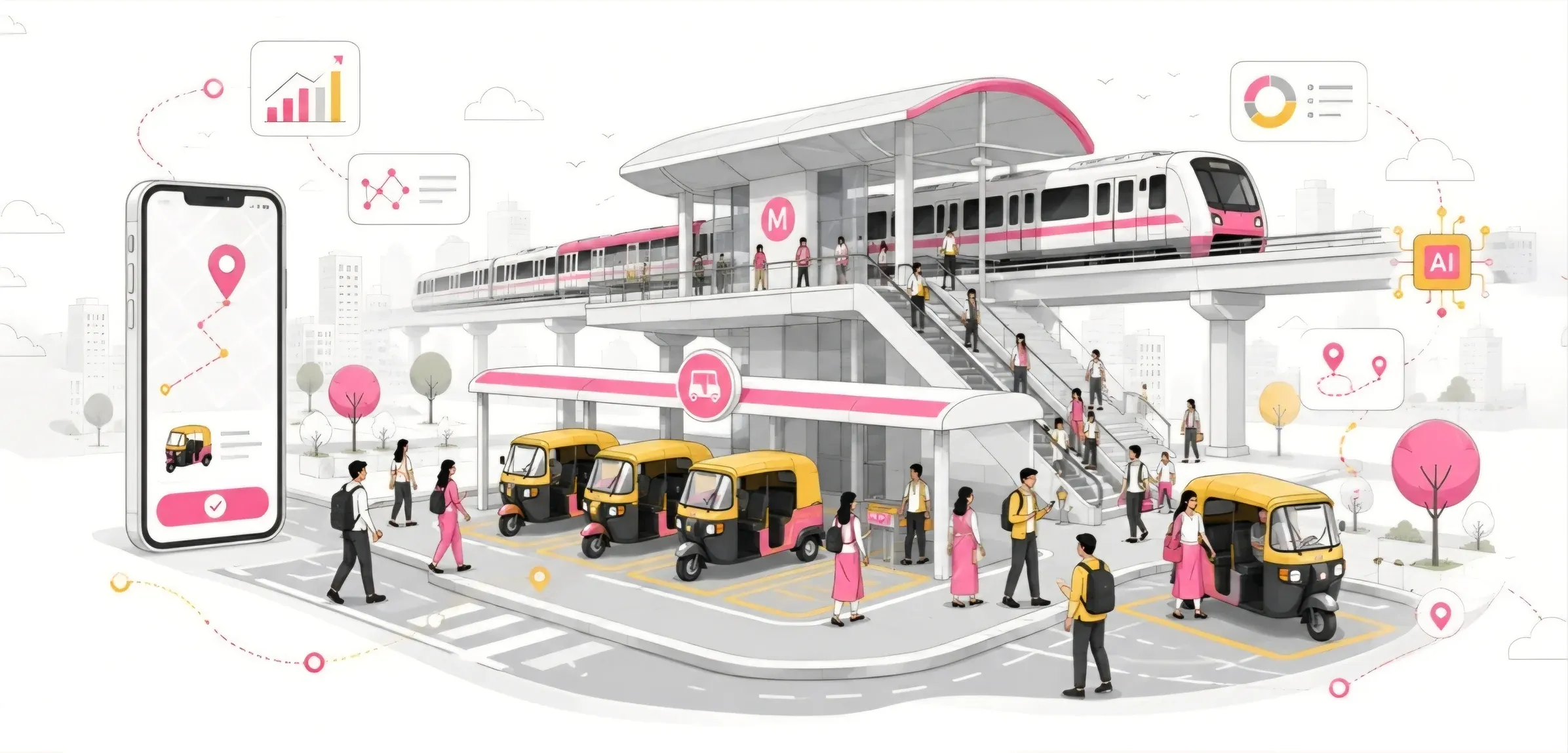 SAVAAR-E metro station, shared autos, commuters, and app illustration